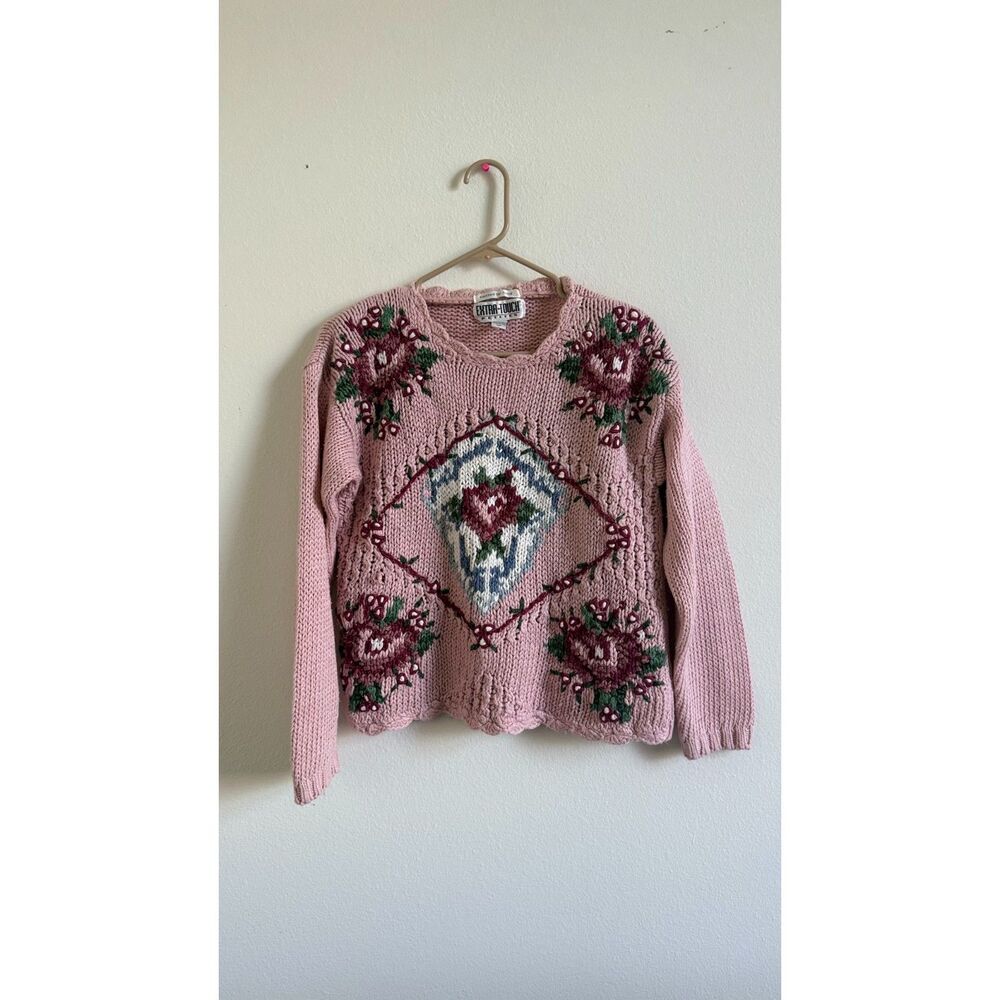 Vintage Extra Touch Petite M Hand Knit Pink Floral Ramie Sweater Cottagecore